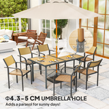 Outsunny Garden Table for 6 with Wood-Effect Galvanised Steel Top & 5cm Umbrella Hole – Outdoor Dining, Grey