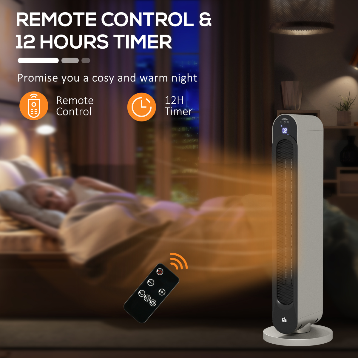 HOMCOM 2200W Ceramic Heater with Remote Control & 12-Hour Timer – Fast PTC Heating, Compact, Silver