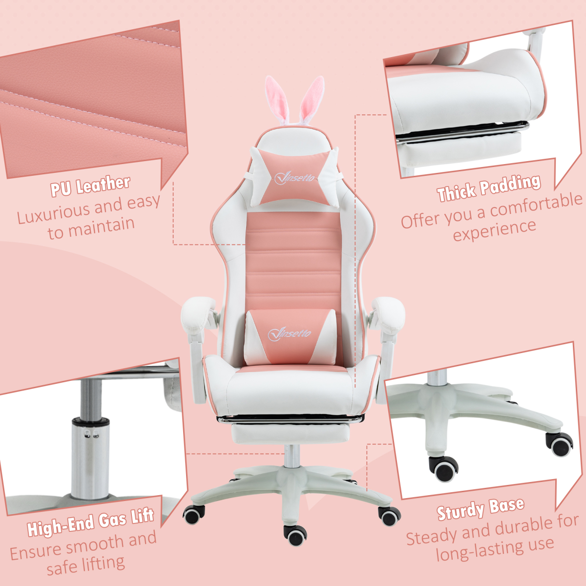 Vinsetto Pink Gaming Chair with Removable Bunny Ears, Retractable Footrest & Reclining Backrest