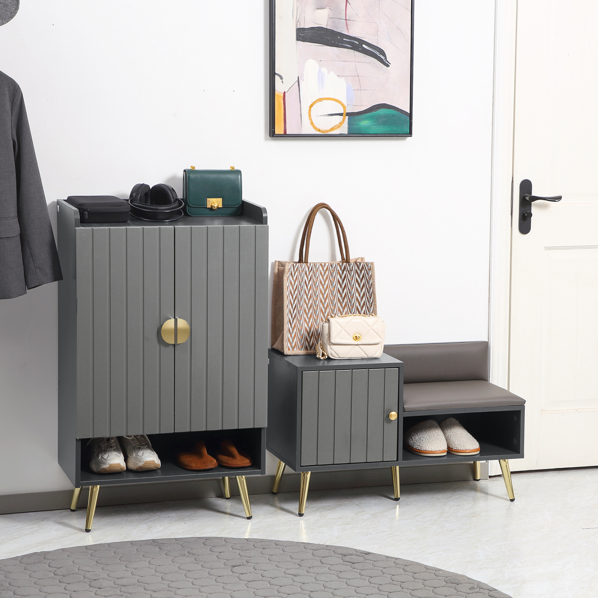 Slim Hallway Shoe Cabinet with Beadboard Doors & Gold Handles – Holds 15 Pairs