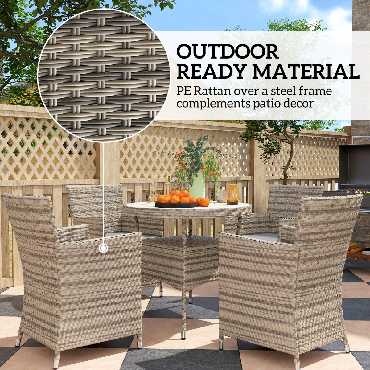 Outsunny 5-Piece Rattan Dining Set for 4 with Cushioned High-Back Chairs & Two-Tier Table – Patio, Grey