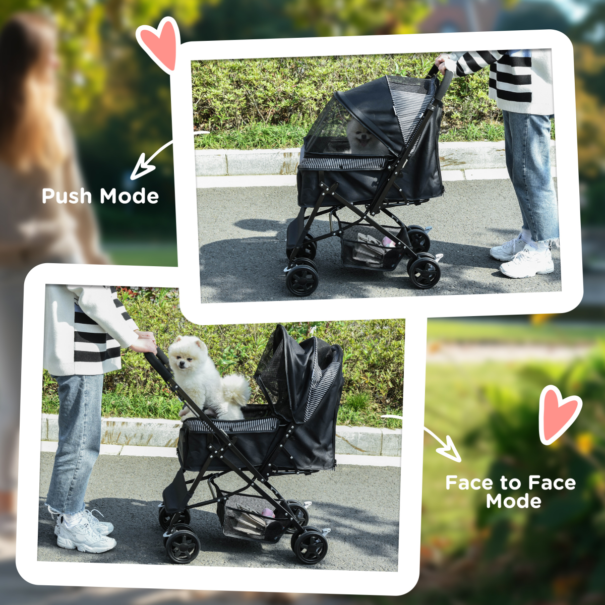 PawHut Foldable Pet Stroller with Reversible Handle, Canopy & 4 Wheels – Dog Travel Carriage, Black