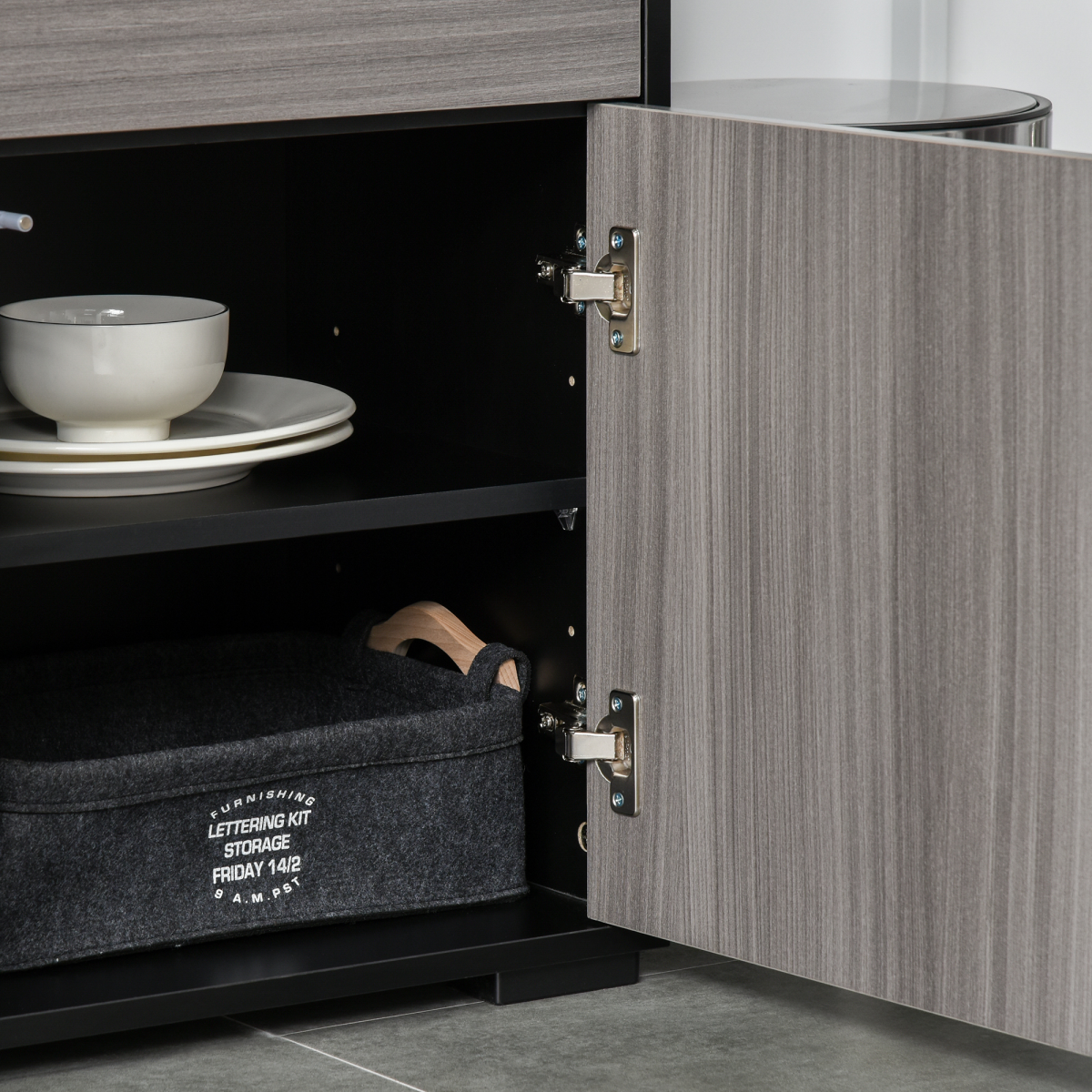 Glossy and Matte Side Cabinet with 2 Doors and 2 Drawers – Push-Open Home Office Storage, Grey and Black