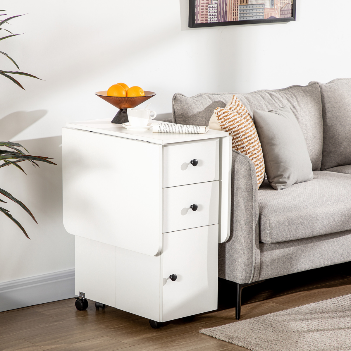 HOMCOM Folding Drop Leaf Dining Table with Storage Drawers – Space-Saving Dining & Sideboard, White