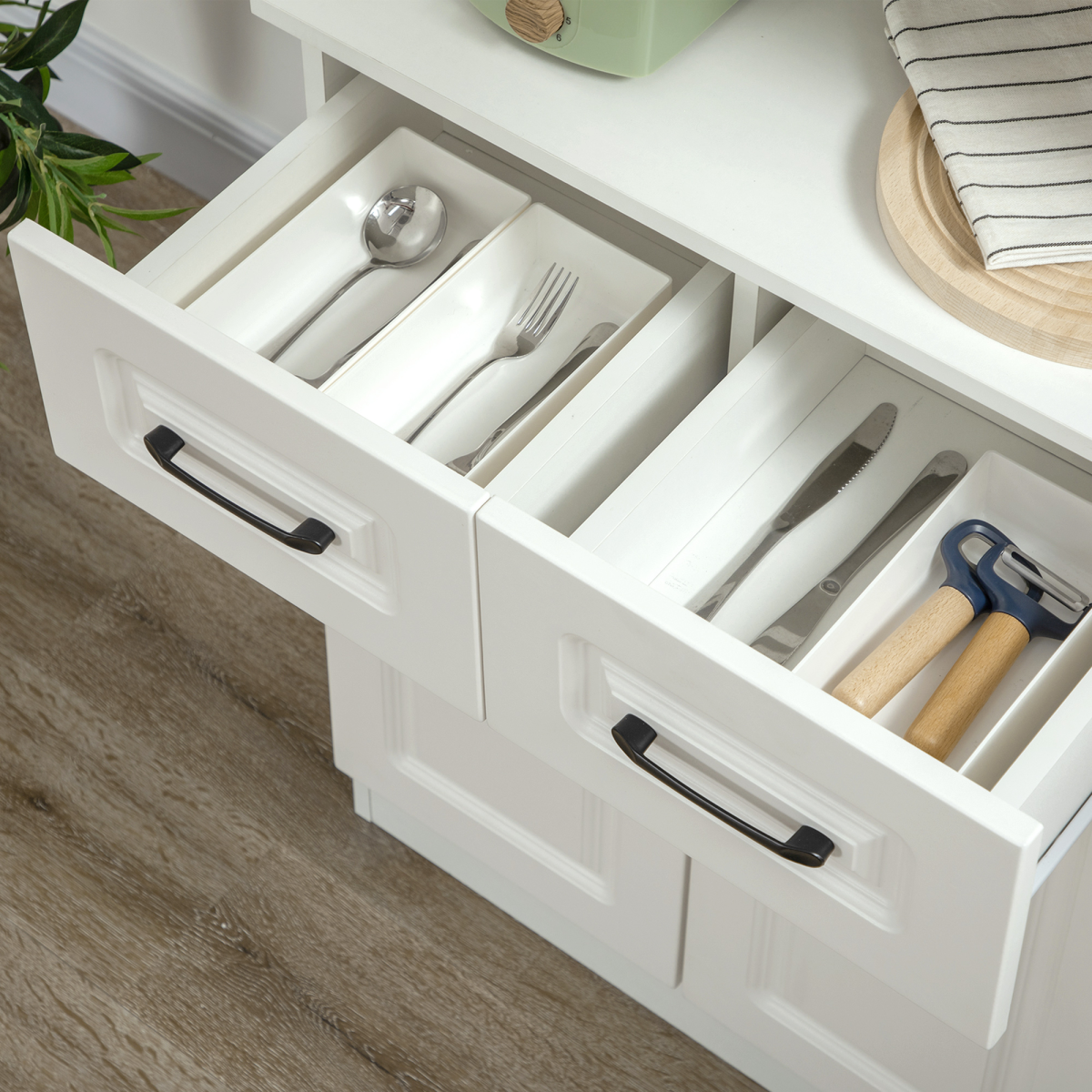 HOMCOM 168cm Kitchen Storage Cabinet with Glass Doors, Two Shelves & Drawers, Open Counter – Anti-Tipping, White