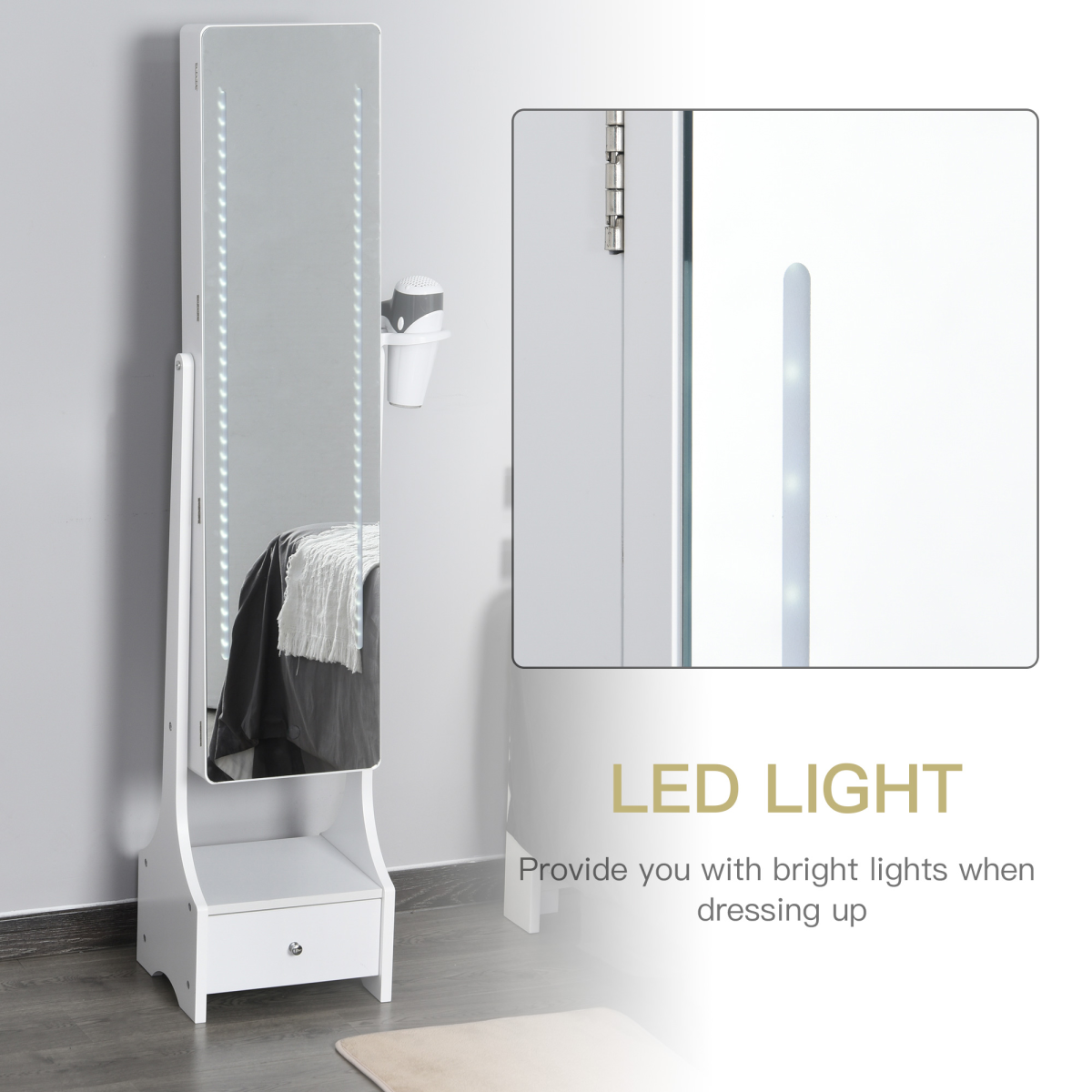 Freestanding LED Mirror Jewellery Armoire with Drawer & Hairdryer Holder – Full Length Mirror