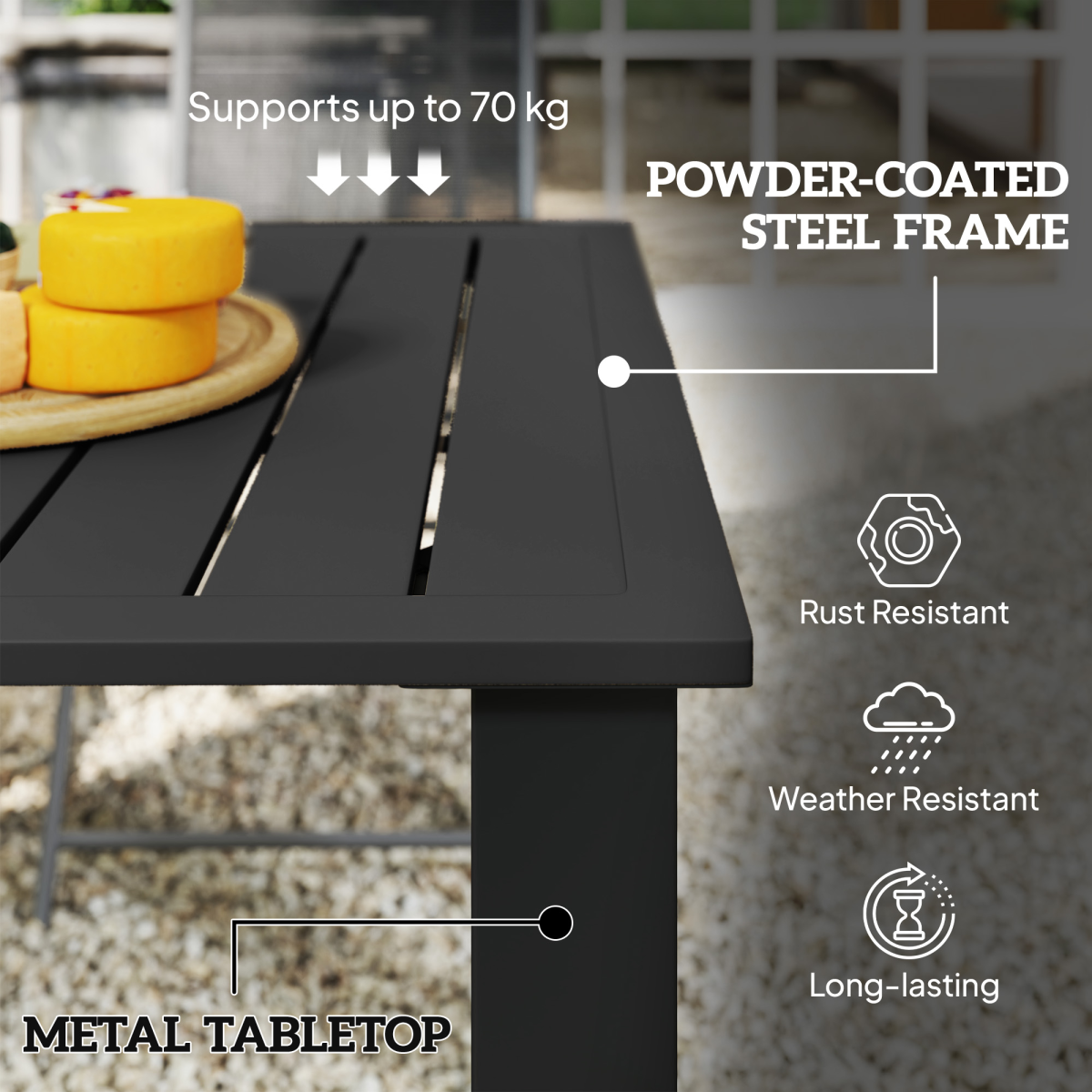 Outsunny Garden Dining Table for 6 with Parasol Hole, Slatted Steel Top, 150 x 90 cm – Outdoor Table, Black