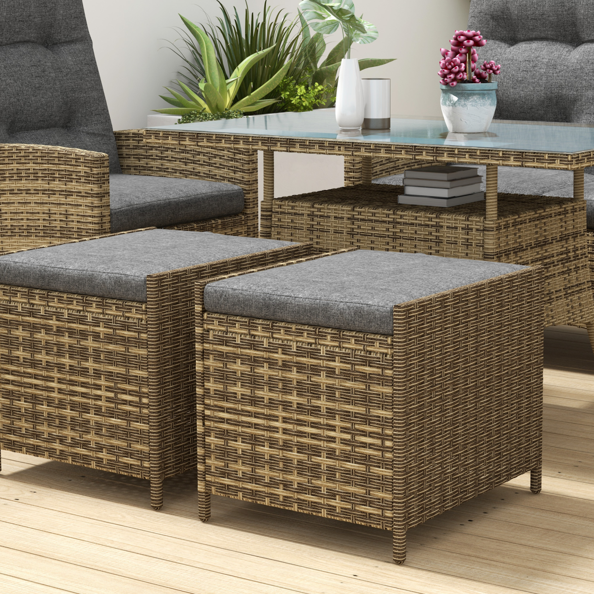Outsunny 6-Piece Rattan Dining Set with Reclining Chairs, Glass Table and Cushions – Garden Furniture, Grey