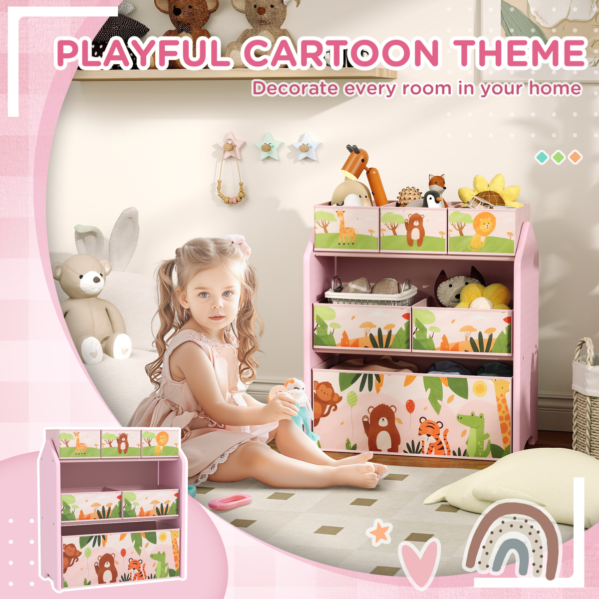 AIYAPLAY Kids Toy Storage Unit with 6 Fabric Boxes – Pink 3-Tier Playroom Organiser