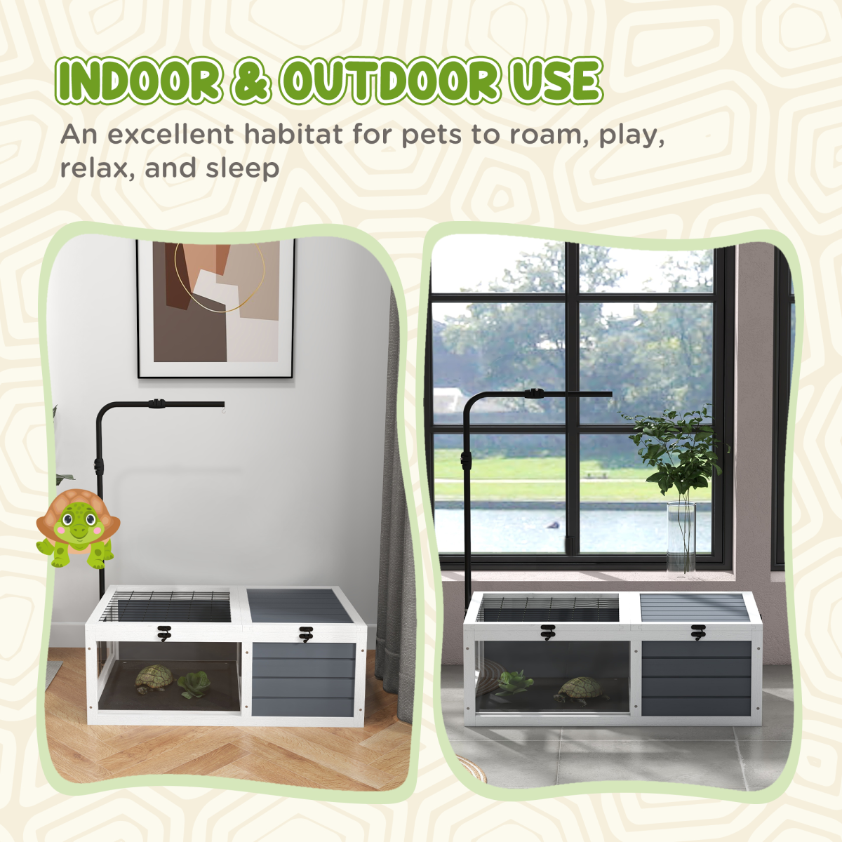 PawHut Wooden Tortoise House with Hide Box, Basking Area & Adjustable Lamp Holder – Tortoise Table, Grey