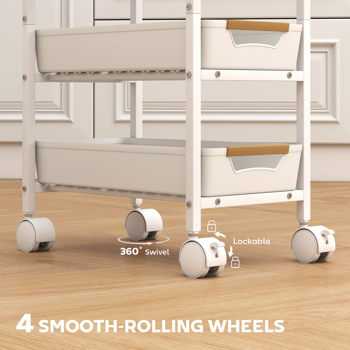 Slim 5-Tier Storage Trolley with 4 Drawers and Wheels – Rolling Organiser Cart, White and Oak