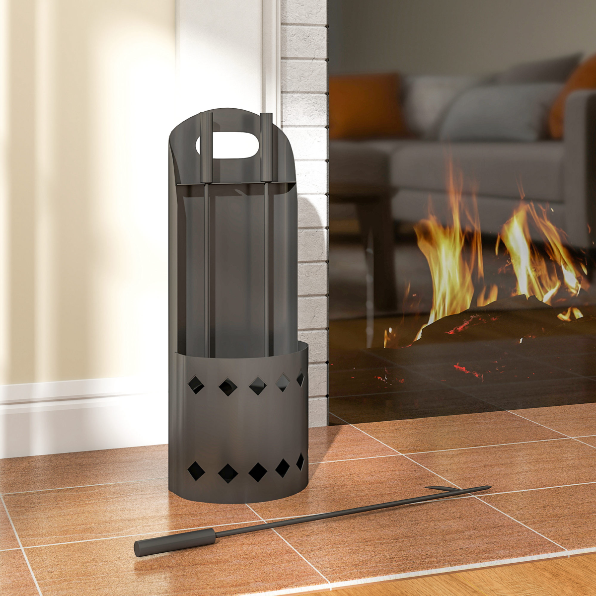 Outsunny 4 Piece Fireplace Companion Set with Broom, Shovel, Poker & Bucket – Powder-Coated Metal, Black