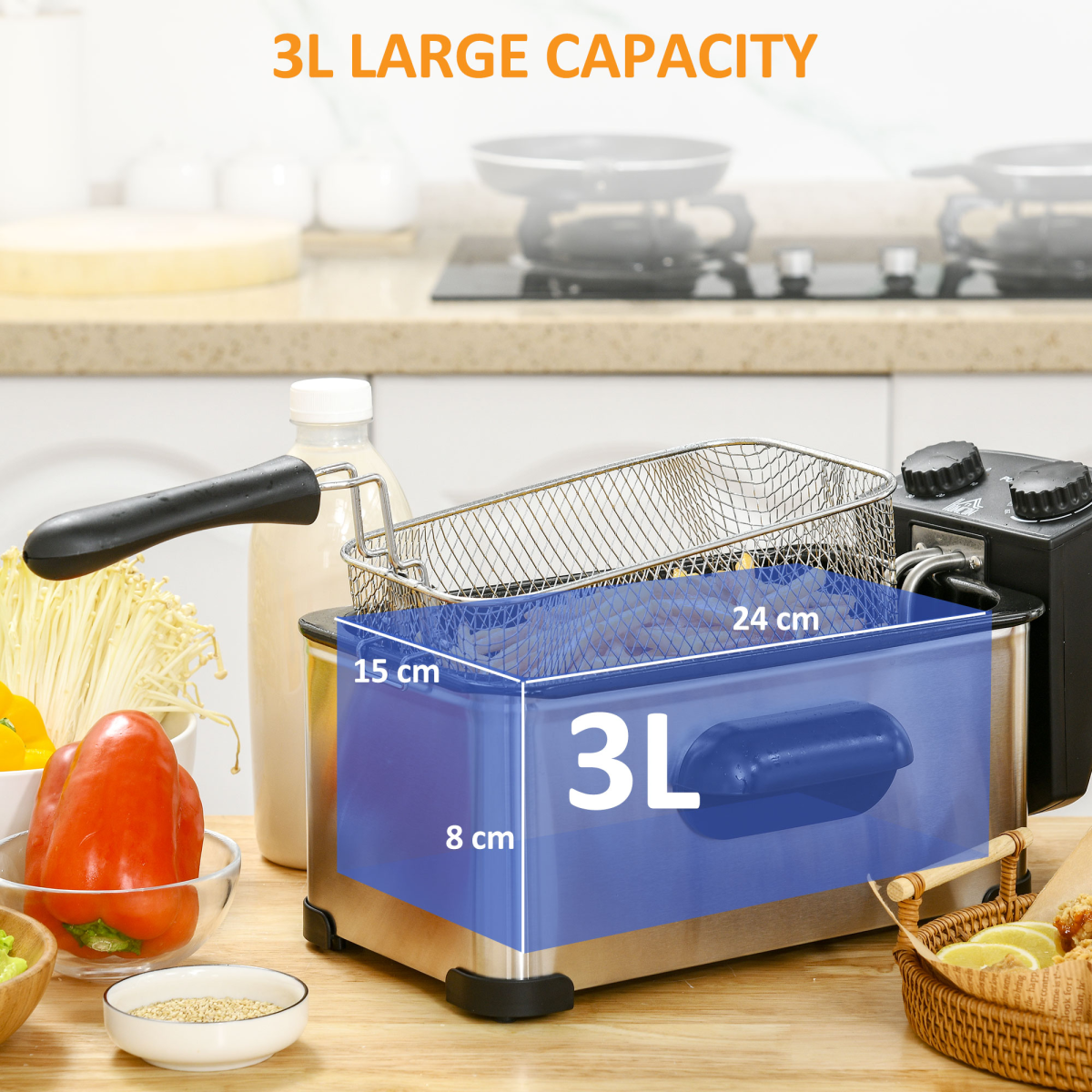 HOMCOM 3L Deep Fat Fryer with Adjustable Temperature & 60-Min Timer, Viewing Window – 2000W