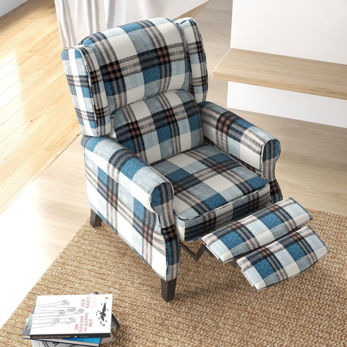 HOMCOM Wingback Recliner Chair with Footrest & Padded Armrests – Living Room Reading Armchair, Blue