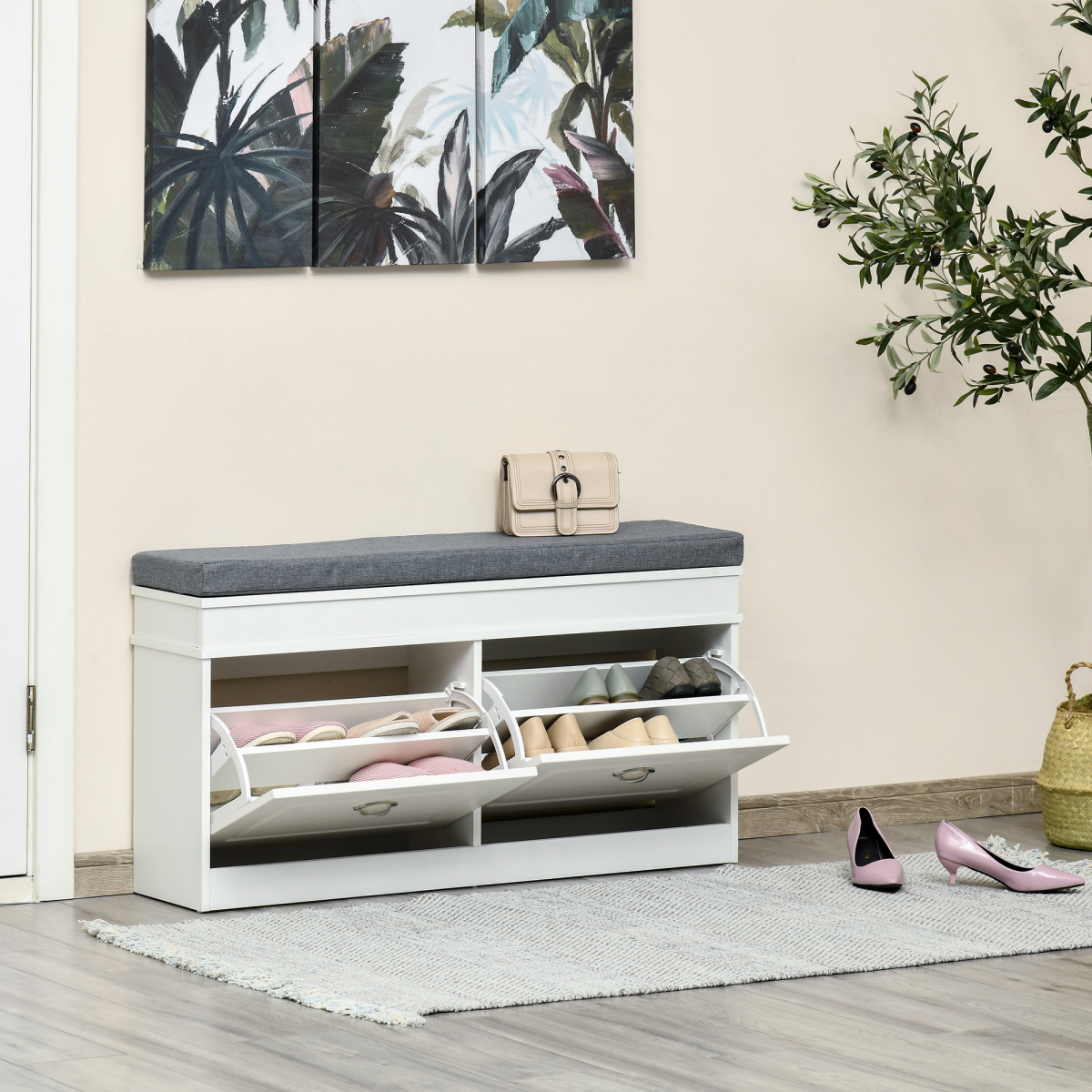Shoe Storage Bench with Padded Seat Cushion & 2 Drawers – Compact Hallway Seating