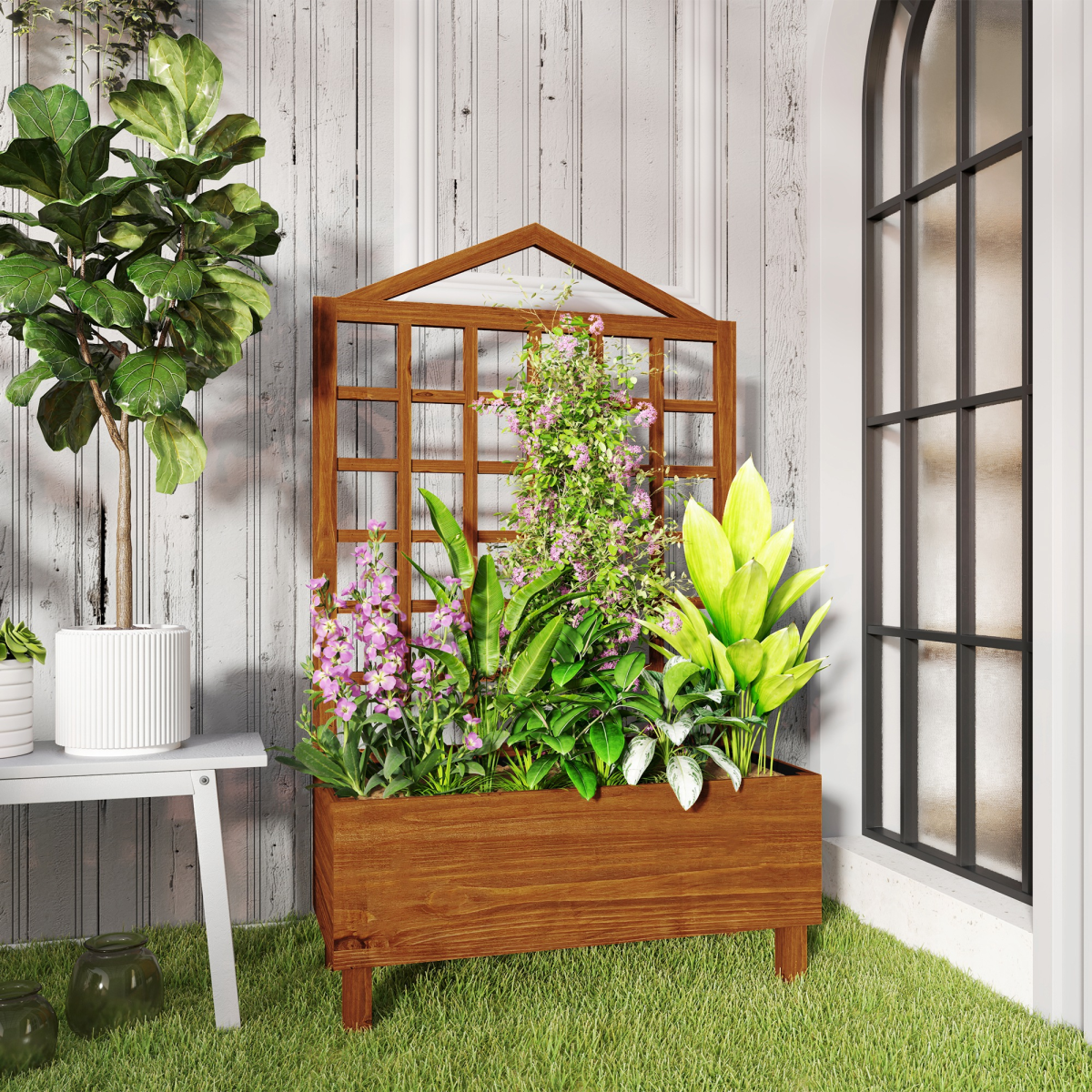 Outsunny Wooden Garden Planter with Trellis & Fabric Liner Bag – Fir Wood Climbing Plant Planter, Brown