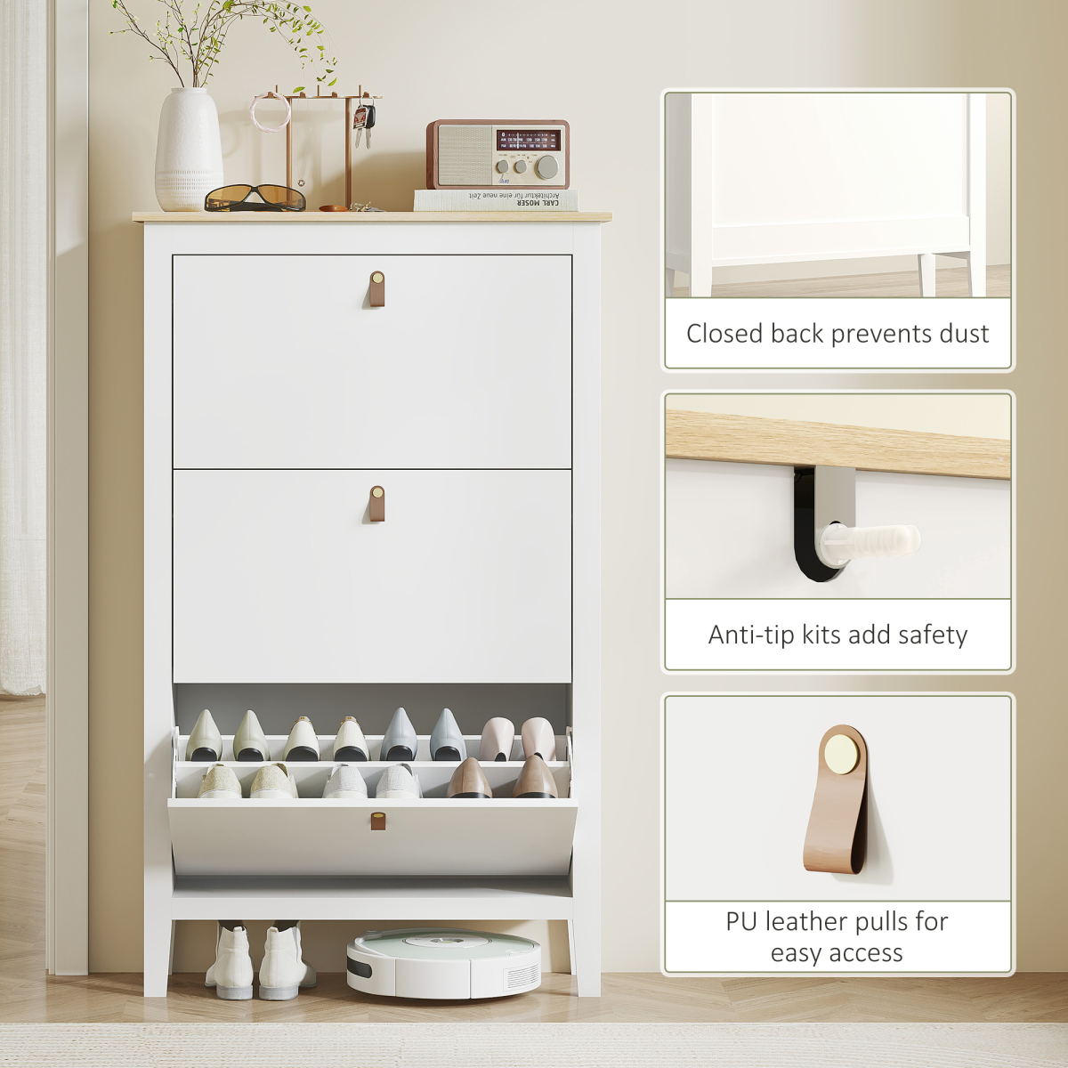 3-Drawer Shoe Cabinet with Flip Drawers for 21 Pairs – Slim Hallway Shoe Storage, White and Oak
