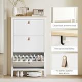 3-Drawer Shoe Cabinet with Flip Drawers for 21 Pairs – Slim Hallway Shoe Storage, White and Oak