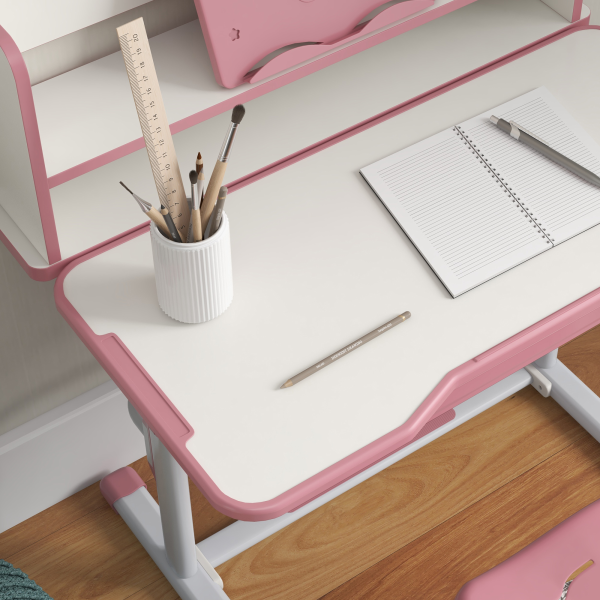 ZONEKIZ Height Adjustable Kids Desk and Chair Set with Drawer & Bookshelf – Tilting Study Desk, Pink