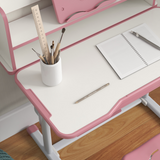 ZONEKIZ Height Adjustable Kids Desk and Chair Set with Drawer & Bookshelf – Tilting Study Desk, Pink