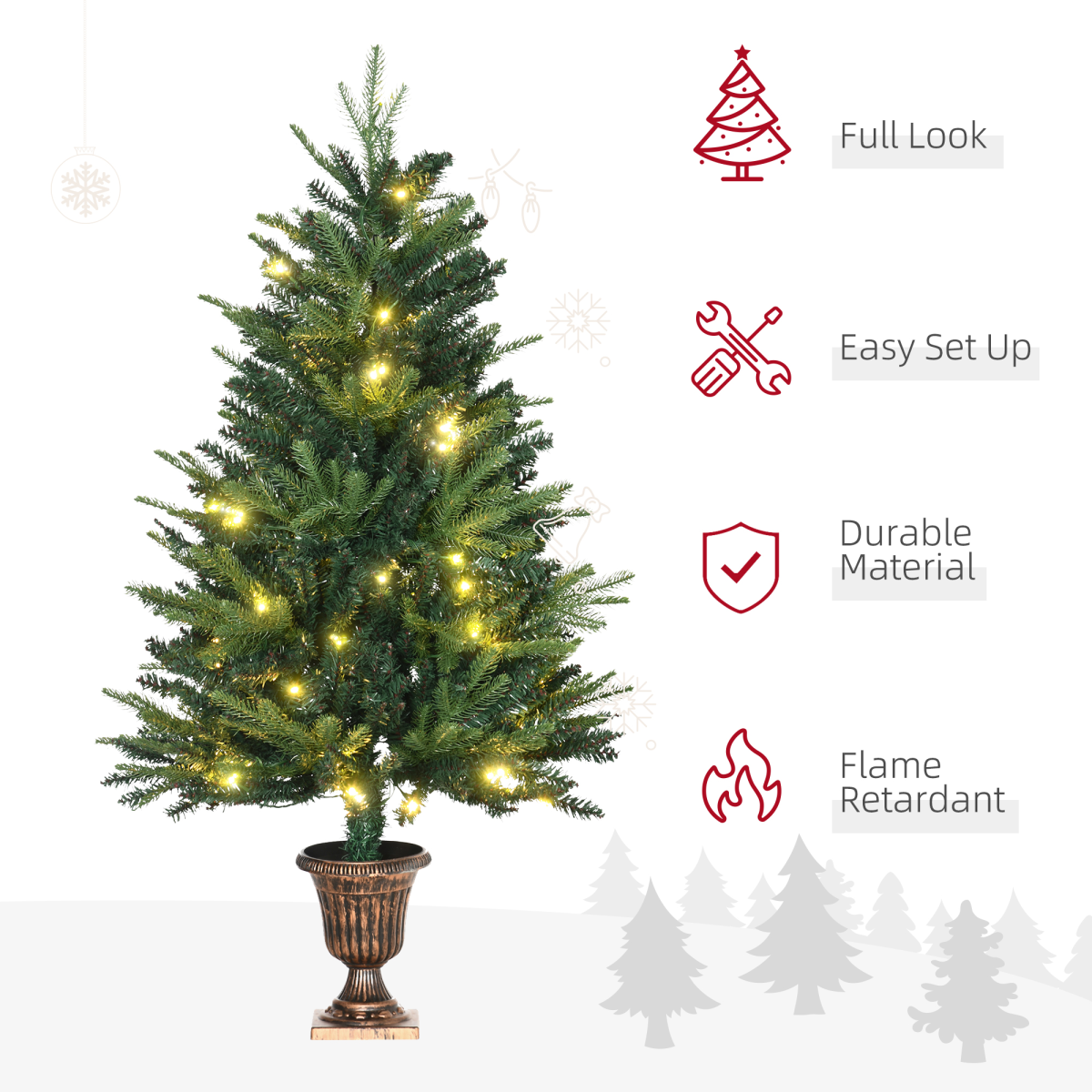 HOMCOM 4ft Pre-Lit Entrance Christmas Tree with 80 LEDs & Vase Base – Festive Porch Decoration