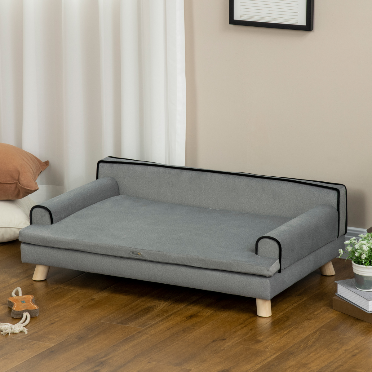 PawHut Pet Sofa Bed with Plush Cushion & Pine Legs – Water-Resistant Dog Couch for Medium & Large Dogs, Grey
