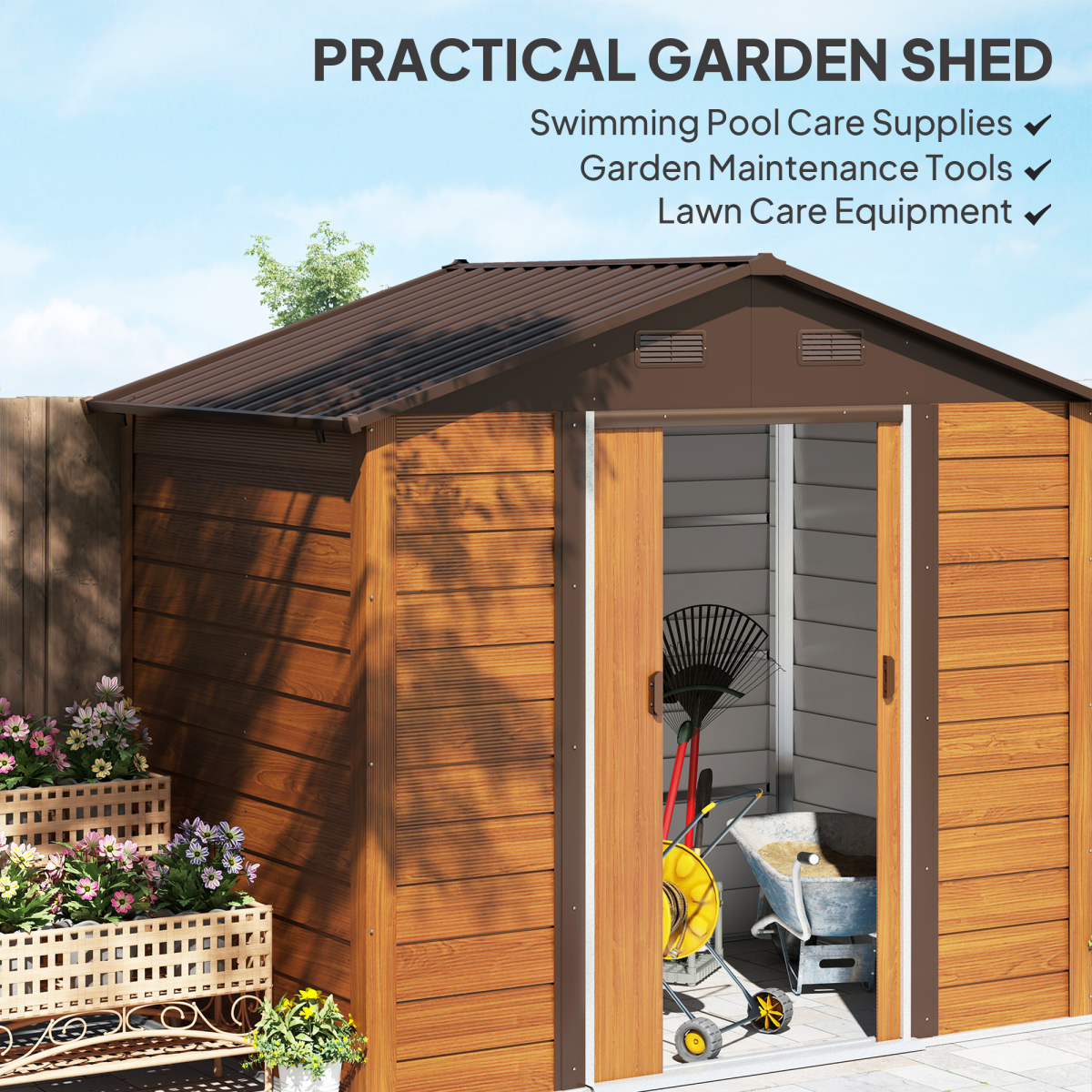 Outsunny 7.7 x 6.4ft Garden Shed with Lockable Sliding Door & Vents – Tool and Bike Storage, Brown