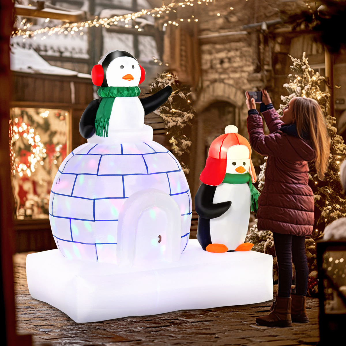 HOMCOM 5ft Christmas Inflatable Penguins in Scarves with Ice House – Indoor & Outdoor LED Decor