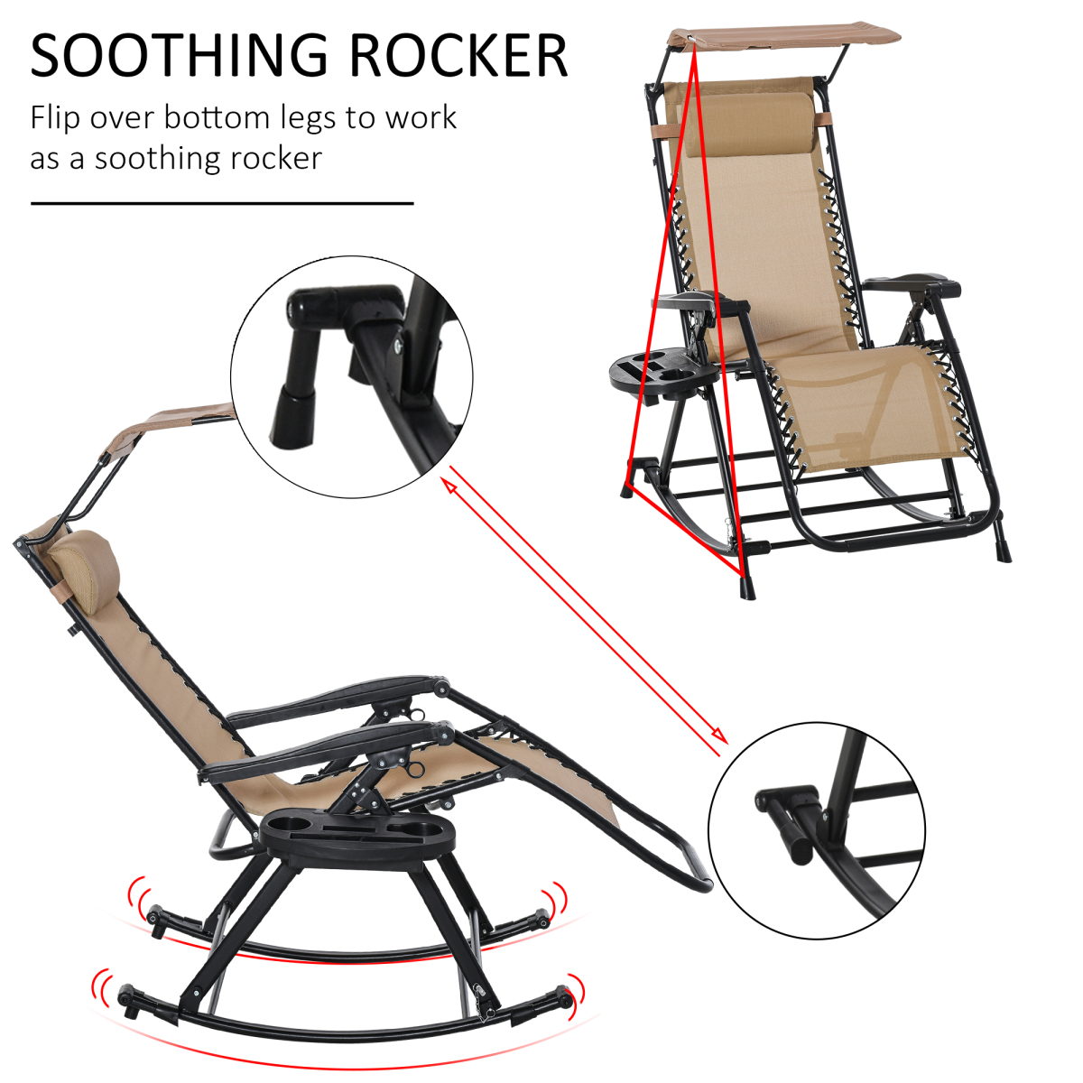 Folding Zero-Gravity Recliner Rocker with Canopy, Padded Headrest and Side Tray – Outdoor Lounge Chair