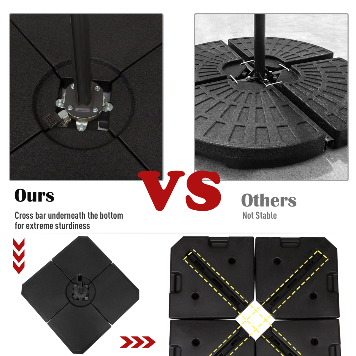 Outsunny HD Polyethylene Parasol Base – Four-Piece Sand or Water Fillable Cross Base, Black