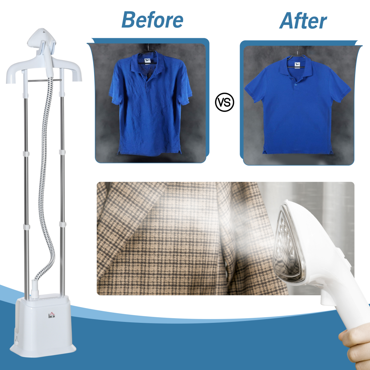 HOMCOM Upright Garment Steamer with 1.7L Removable Tank – 45-Second Heat-Up, White