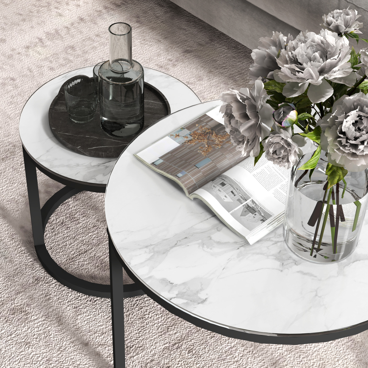 HOMCOM Glass Coffee Table Set of 2 with Marble-Effect Tempered Glass Tops – Round Nest of Tables, White, Black