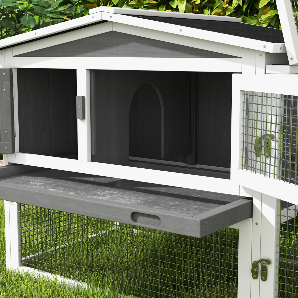Wooden Rabbit Hutch with Detachable Run, Asphalt Roof & Tray – Outdoor Bunny Cage for 1–2 Rabbits, Light Grey