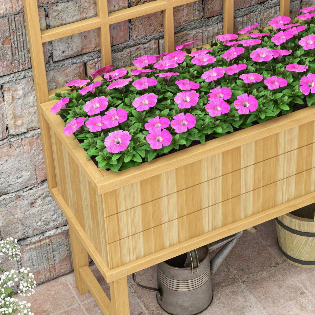 Outsunny Fir Wood Raised Garden Bed Planter with Trellis, Drainage Holes & Liner – Climbing Plants, Natural