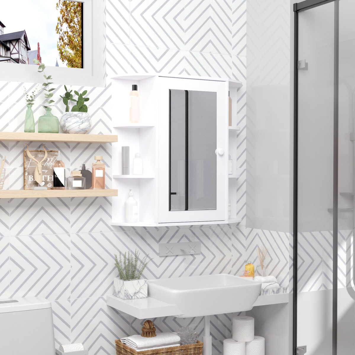 HOMCOM Wall-Mounted Bathroom Mirror Cabinet with Open Side Shelves – Spacious Family Storage
