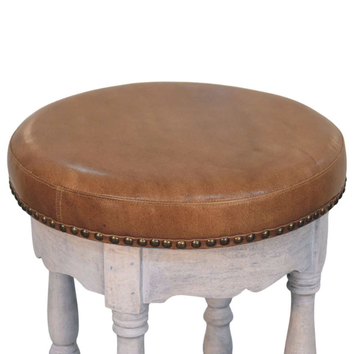 Artisan Furniture Solid Wood Rustic Charm Stool with Upholstered Leather Seat – Vanity Stool, Brown