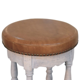 Artisan Furniture Solid Wood Rustic Charm Stool with Upholstered Leather Seat – Vanity Stool, Brown