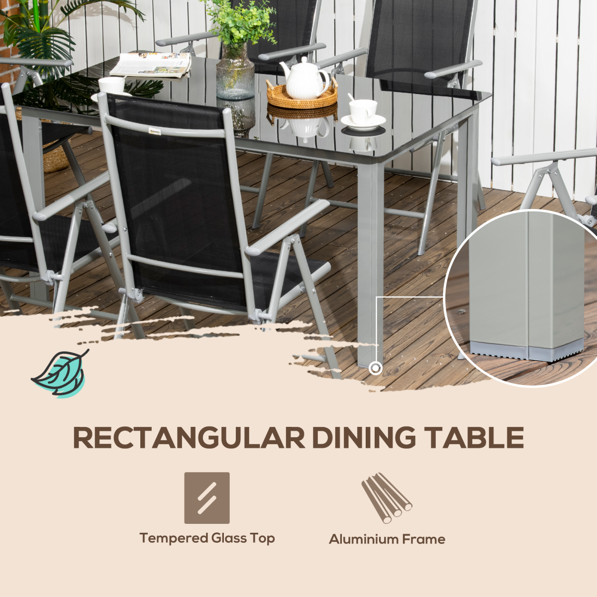 Outsunny 7-Piece Aluminium Garden Dining Set with Glass-Top Table & 6 Folding Chairs – Outdoor Furniture, Black