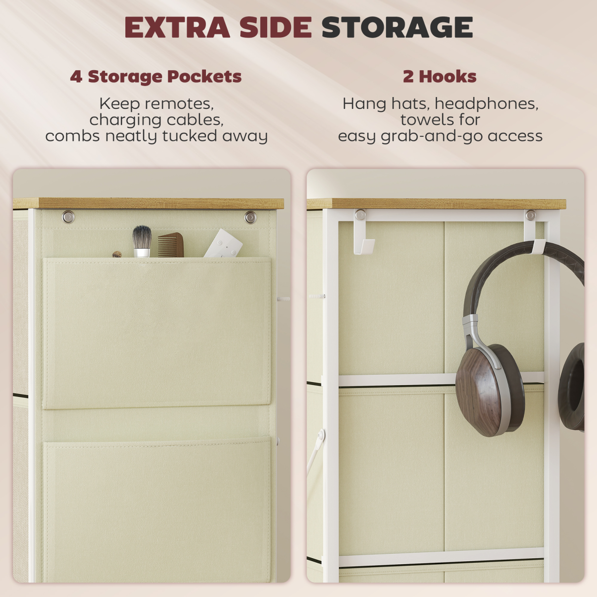 Fabric Chest of Drawers with 8 Drawers, Side Pockets & Hooks – Steel Frame Storage Unit, Beige and Natural Wood