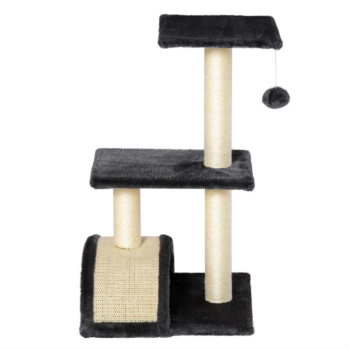 Pawhut Three-Tier Cat Tree with Sisal Scratching Posts and Hanging Ball – Plush Indoor Activity Centre, Grey