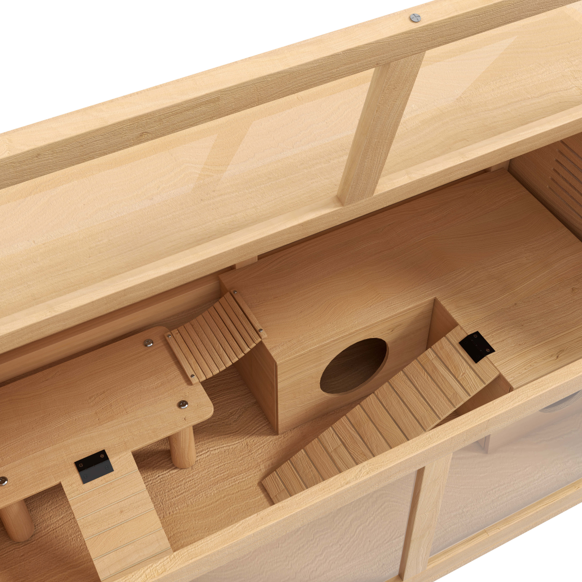 PawHut Wooden Hamster Cage for Gerbils with Suspension Bridge, Ladders, Platform & Hut – Natural Wood