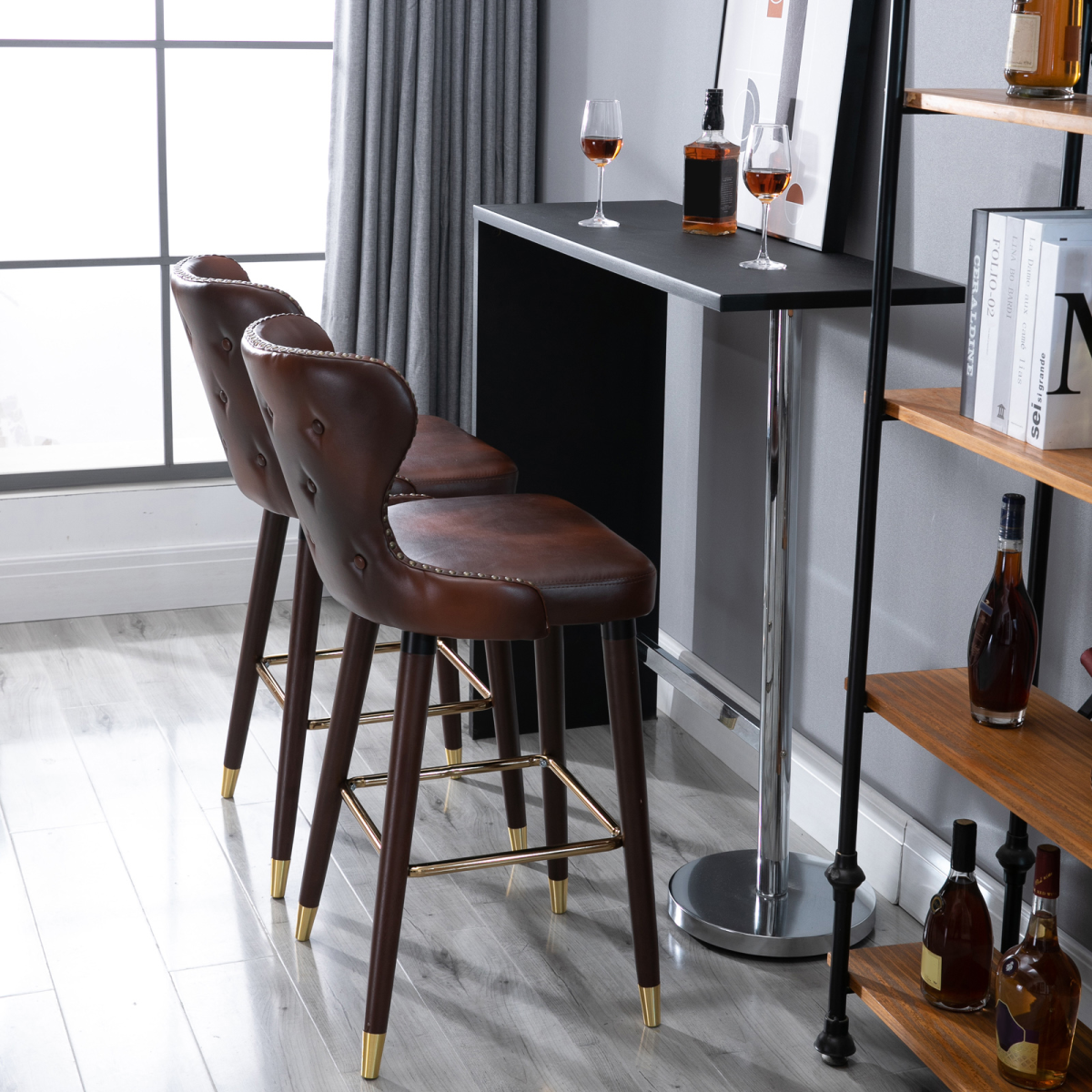 HOMCOM Luxury European Style PU Leather Bar Stools, Set of 2 with Padded Seat & Footrest – Brown