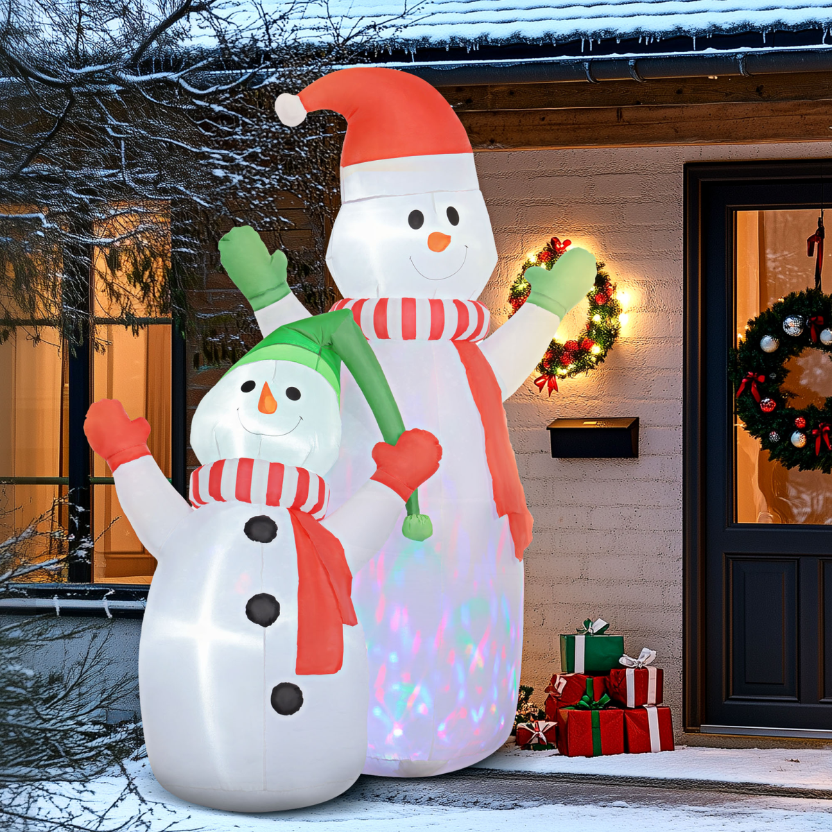 Outsunny 8ft Inflatable Christmas Snowman Family with Rotating LED Lights – Garden & Porch Decoration