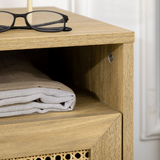HOMCOM Bedside Table with Drawer and Shelf, Rattan Door Panel – Wood-Effect Nightstand, Anti-Tipping