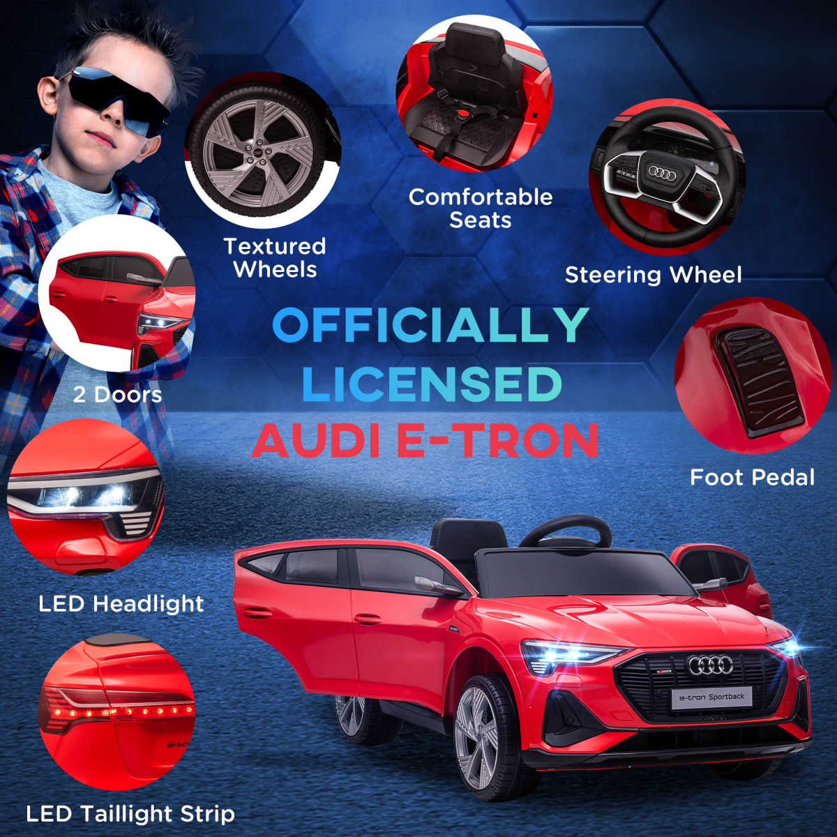 HOMCOM Audi E-tron 12V Kids Electric Ride-On Car with Remote Control, Lights & Music – Licensed Toy Car, Red