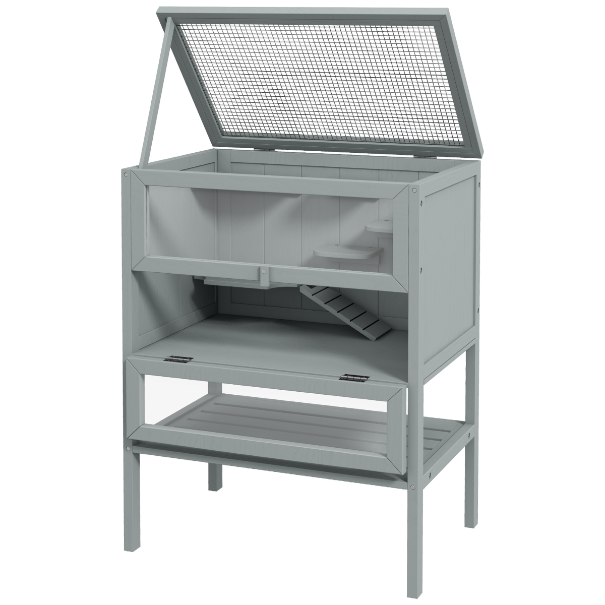PawHut Wooden Hamster Cage with Storage Shelf & Openable Top – Multi-Platform Small Animal Habitat, Grey