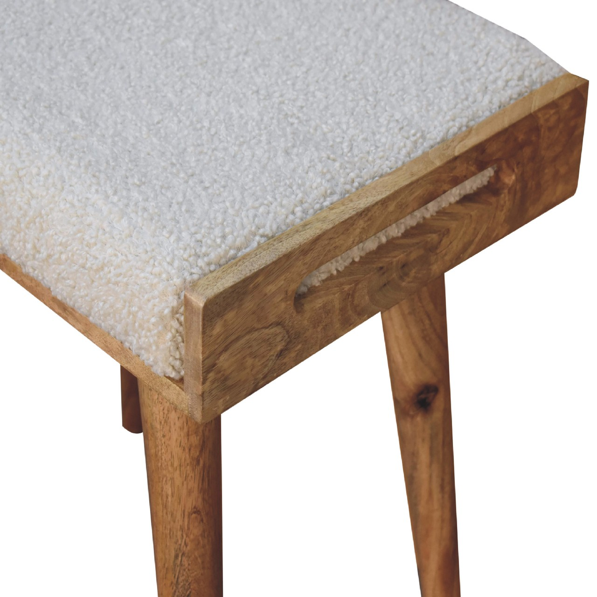 Artisan Furniture Tray-Style Footstool in Solid Mango Wood with Cotton Boucle Upholstery – Cream & Brown