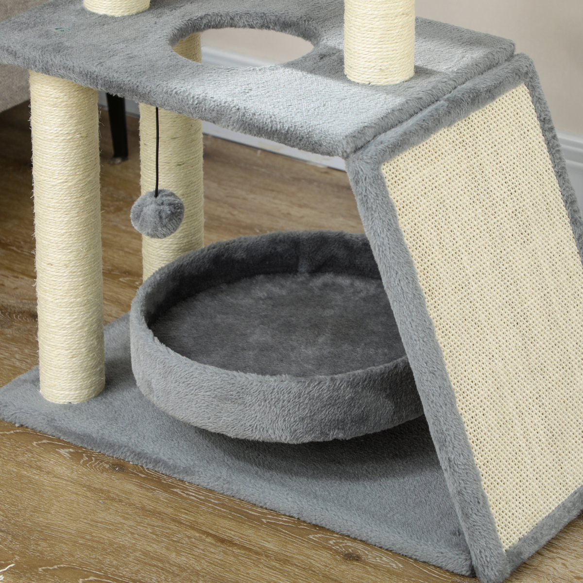 Cat Tree Tower for Indoor Cats with Scratching Posts, Padded Bed and Toy Ball – Light Grey
