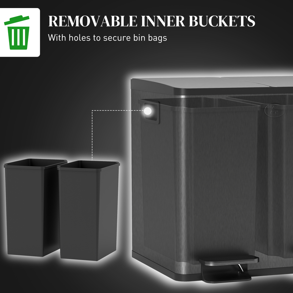 HOMCOM 2 x 15L Dual Compartment Pedal Bin for Recycling & Waste – Stainless Steel Kitchen Bin, Black