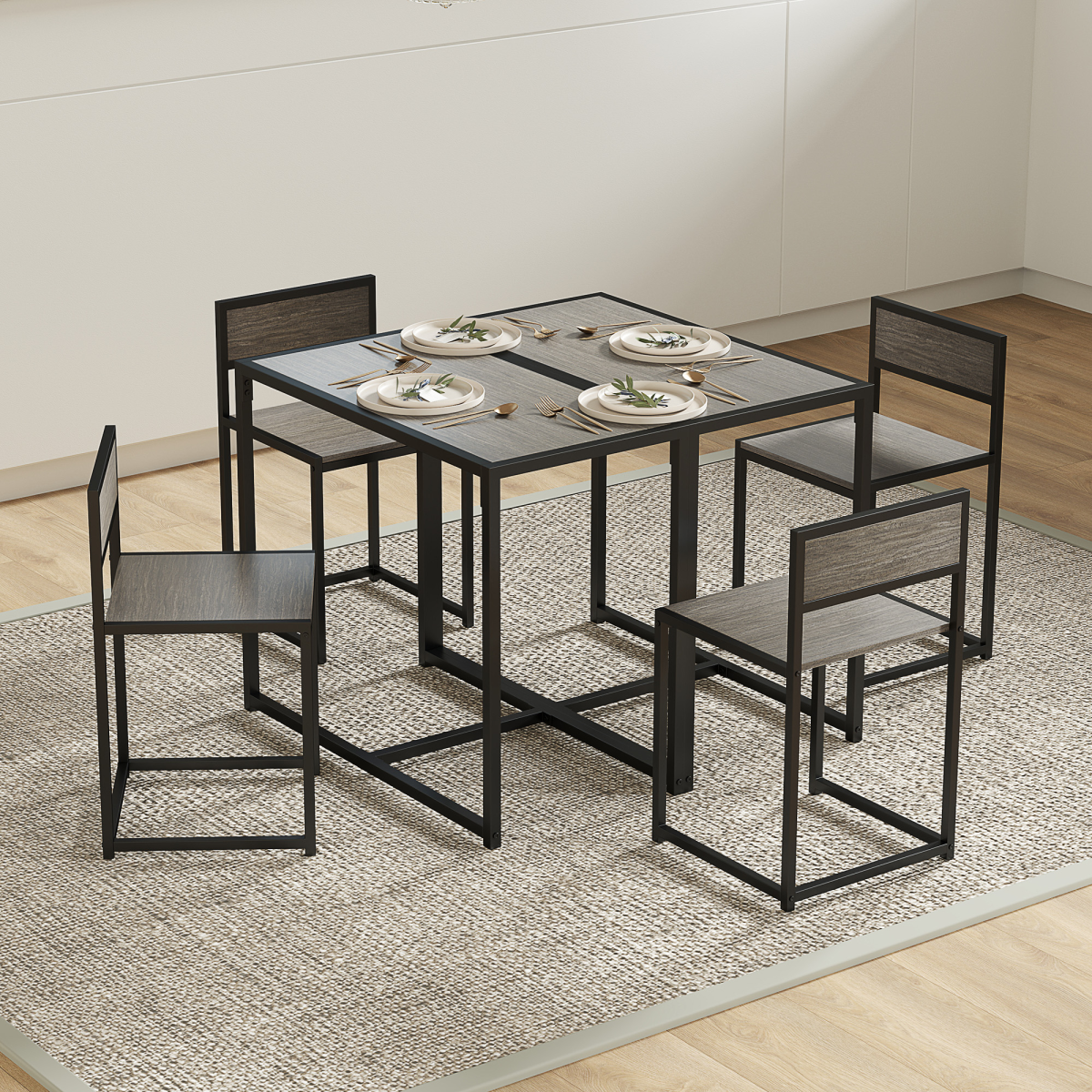 HOMCOM 3 Piece Dining Table Set with Two Stools and Steel Frame – Industrial Kitchen Table, Grey Wood-Effect